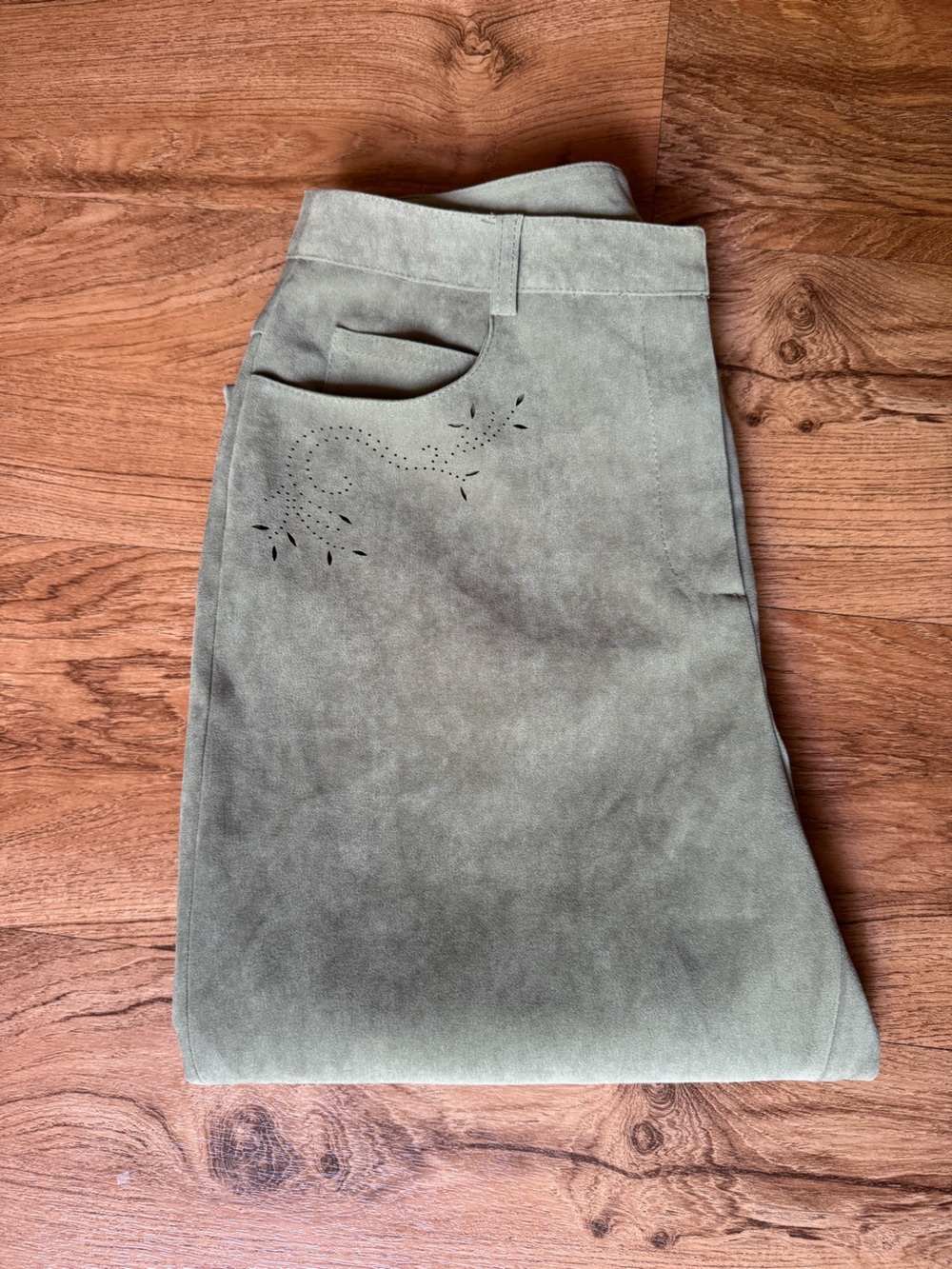 Talbots Olive Green Faux Suede Pants with Laser-Cut Detail